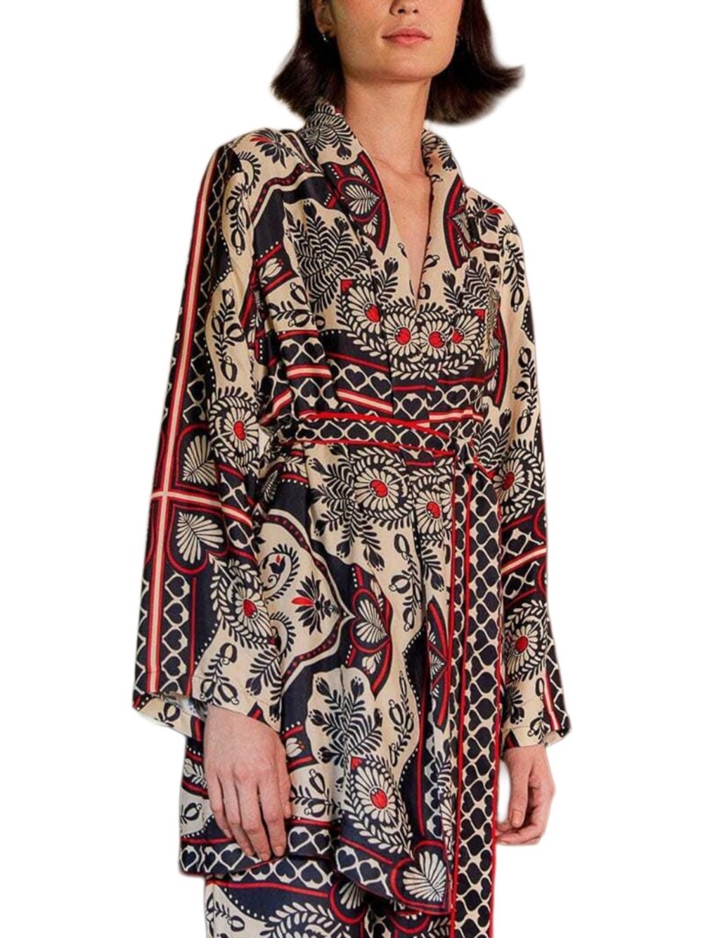 FARM Rio Passion Scarf Black Beige and Red Print Kimono Jacket size Small